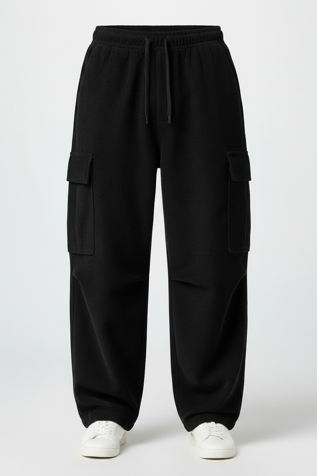 Pantalon Fluide Noir Ample Cargo Côtelé Homme - Cordé - vue 3