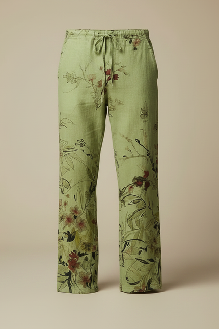 Pantalon Fluide Vert Lin Imprimé Floral Ample Homme - vue 3