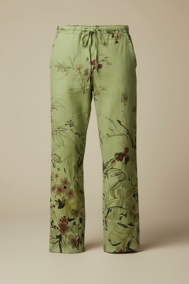 Pantalon Fluide Vert Lin Imprimé Floral Ample Homme - vue 3