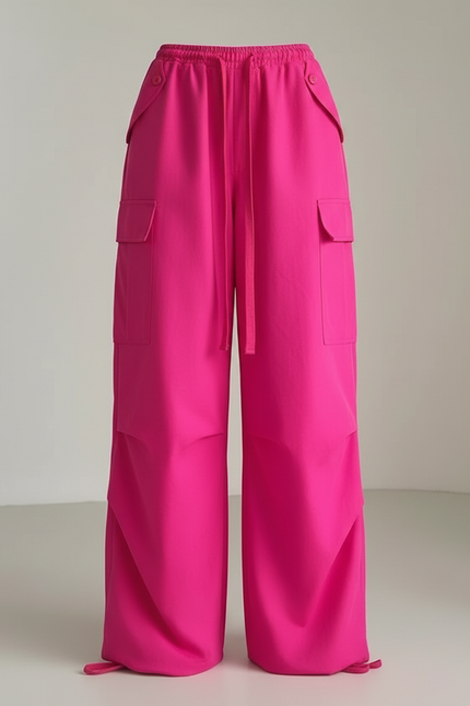 Pantalon Fluide Rose Cargo Ample Cordon Streetwear - Toile - vue 3