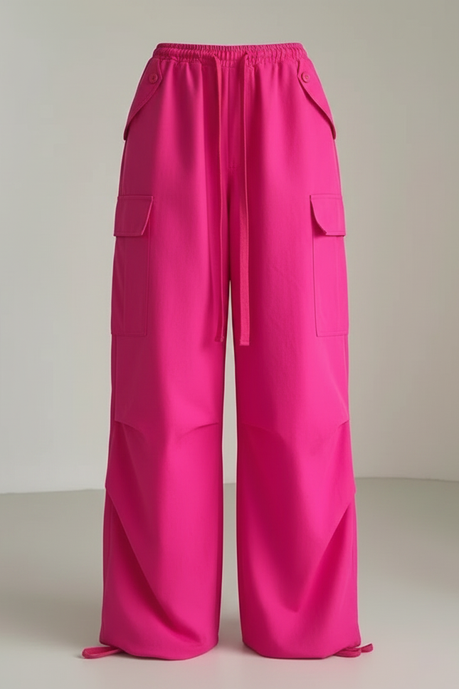 Pantalon Fluide Rose Cargo Ample Cordon Streetwear - Toile - vue 3