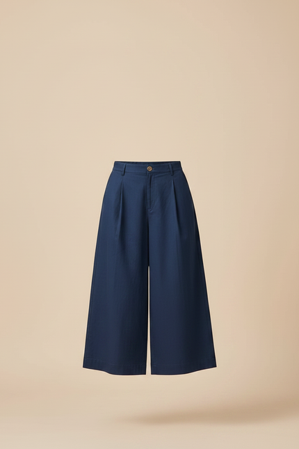 Pantalon Fluide Bleu Marine Ample Plissé Court Femme - Gabardine - vue 3