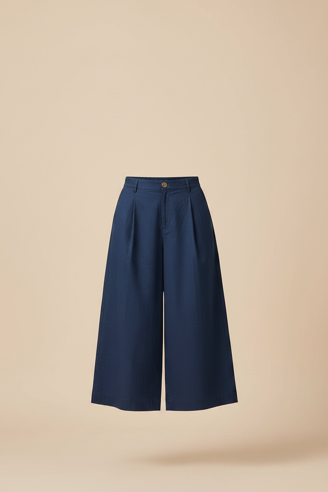 Pantalon Fluide Bleu Marine Ample Plissé Court Femme - Gabardine - vue 3