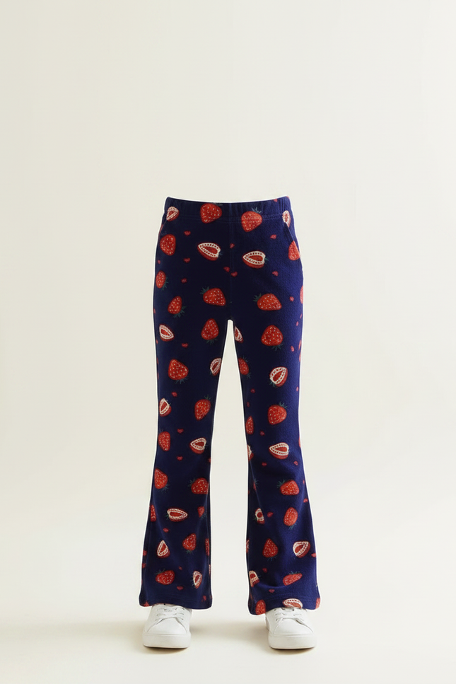 Pantalon Fluide Bleu Marine Fraises Doux Évasé Enfant - Molleton - vue 3