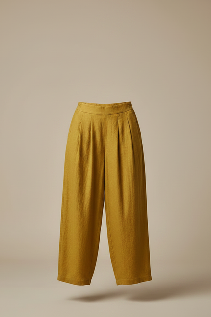 Pantalon Fluide Jaune Moutarde Ample Plissé Lin Confortable - vue 3