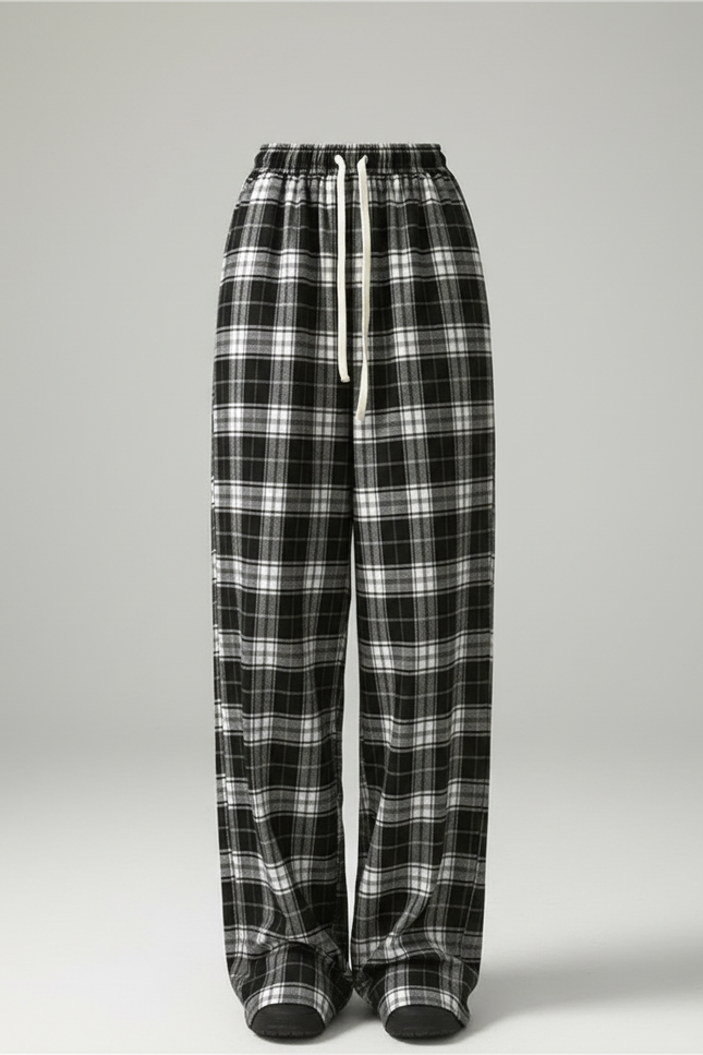 Pantalon Fluide Carreaux Noir Blanc Ample Décontracté - Imprimé Molleton - vue 3