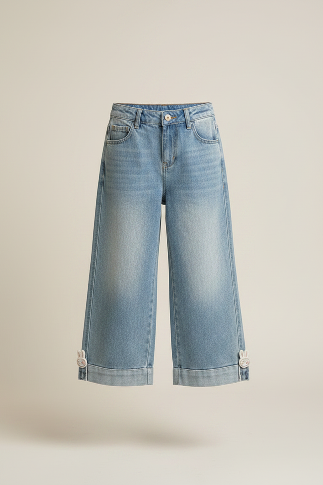 Pantalon Fluide Jean Ample Décor Lapin Enfant - Bleu - vue 3
