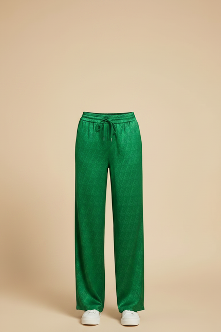 Pantalon Fluide Vert Satiné Ample Motif Jacquard Femme - vue 3