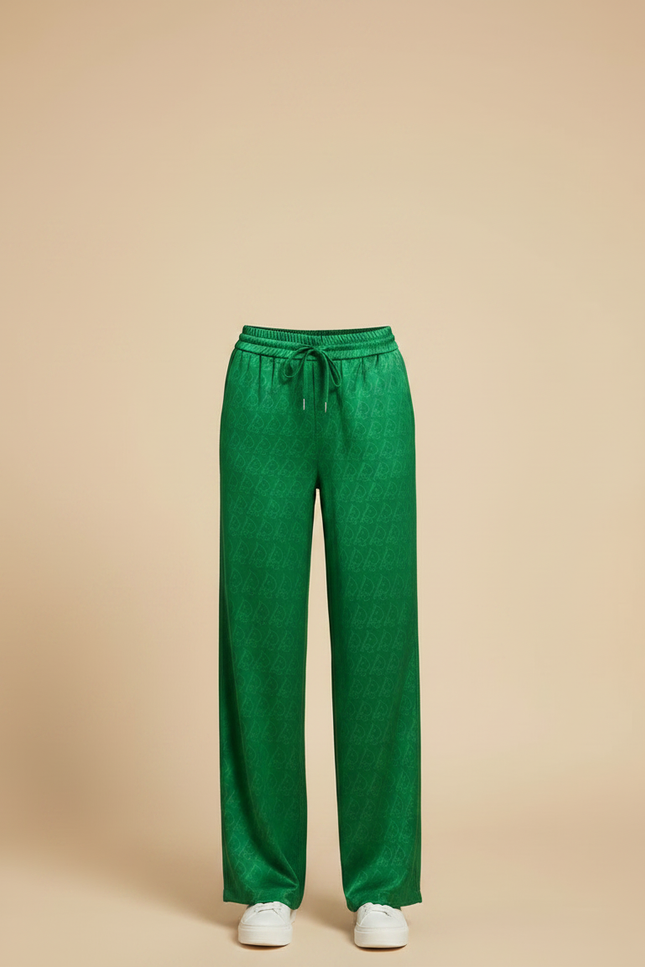 Pantalon Fluide Vert Satiné Ample Motif Jacquard Femme - vue 3