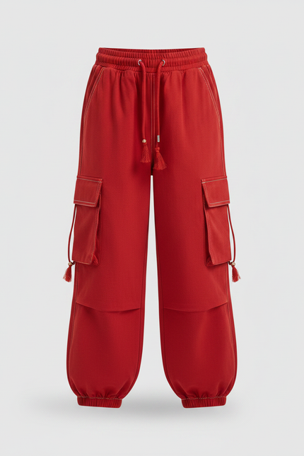 Pantalon Fluide Rouge Cargo Ample Cordon Enfant - Molleton - vue 3