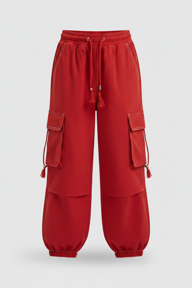Pantalon Fluide Rouge Cargo Ample Cordon Enfant - Molleton - vue 3