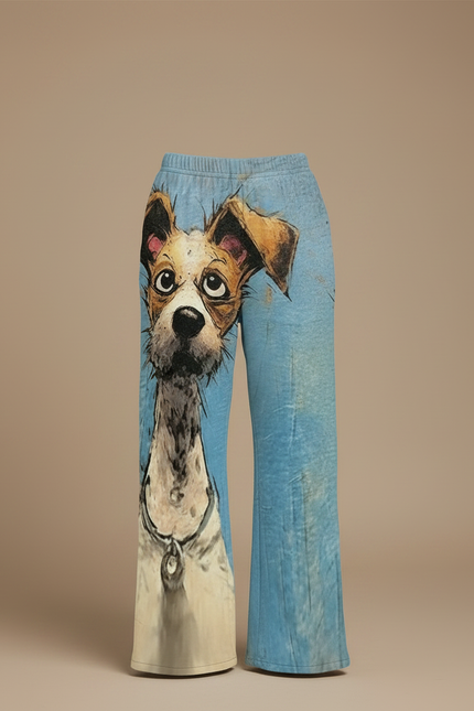 Pantalon Fluide Bleu Imprimé Chien Ample Confortable - Molleton - vue 3