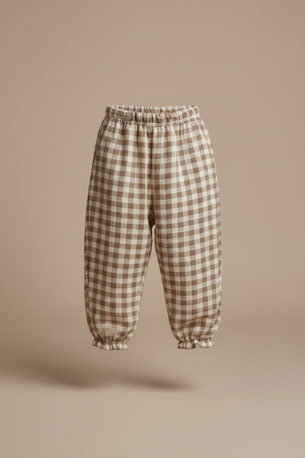 Pantalon Fluide Carreaux Marron Écru Coton Ample Enfant - Molleton - vue 3
