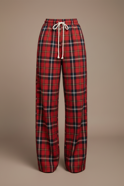 Pantalon Fluide Rouge Carreaux Ample Décontracté Femme - Molleton - vue 3
