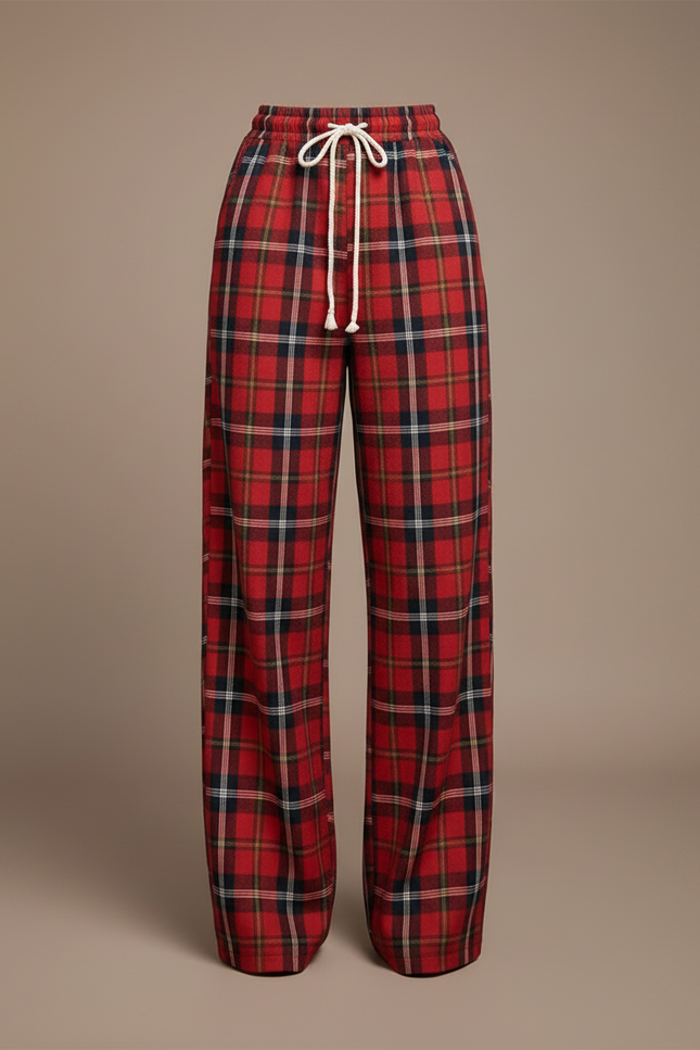 Pantalon Fluide Rouge Carreaux Ample Décontracté Femme - Molleton - vue 3