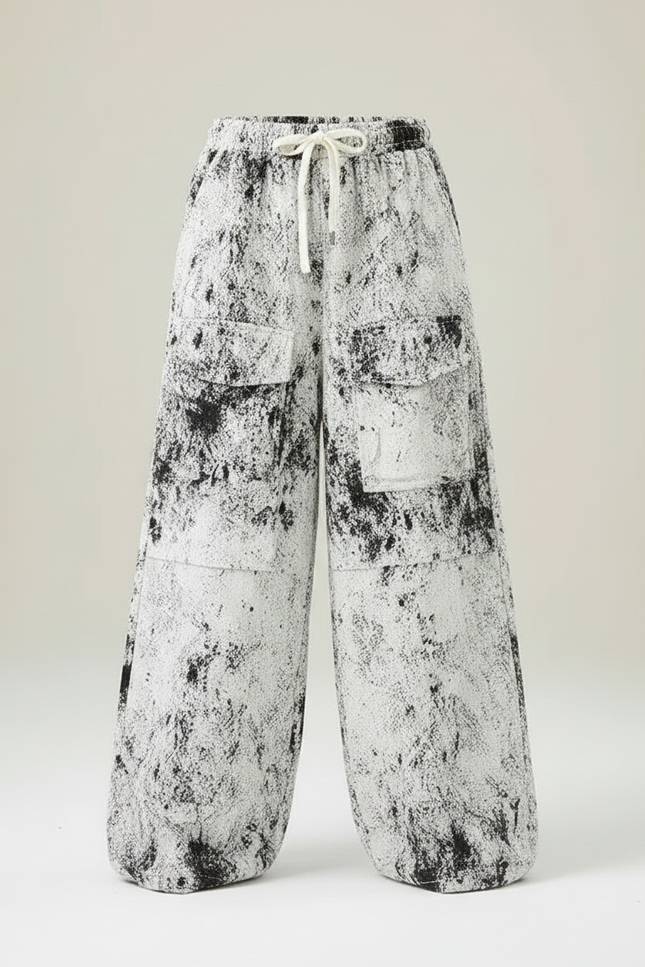Pantalon Fluide Ample Noir Blanc Éclaboussures Décontracté - Imprimé Molleton - vue 3