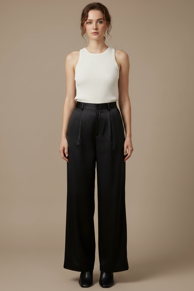 Pantalon Fluide Noir Satiné Ample Élégant Femme - vue 3