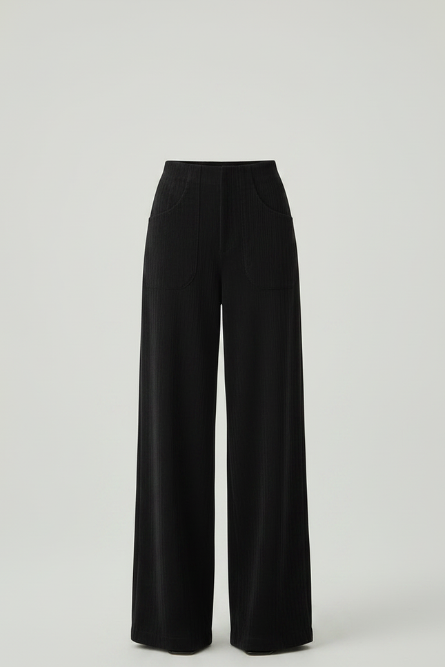 Pantalon Fluide Noir Ample Côtelé Taille Haute Femme - Cordé - vue 3