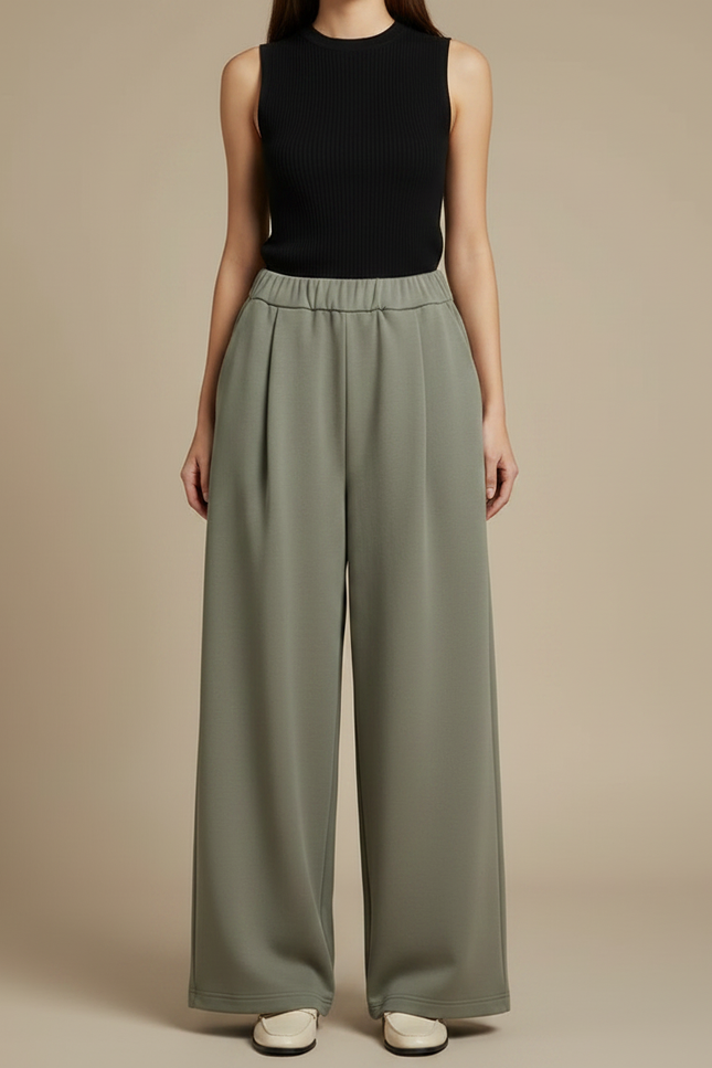 Pantalon Fluide Vert Ample Taille Haute Femme - Kaki Molleton - vue 3