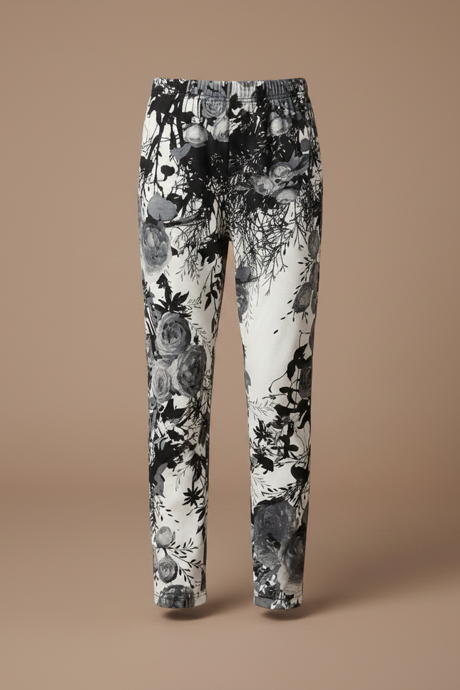 Pantalon Fluide Imprimé Floral Noir Blanc Élastique Enfant - Maille - vue 3