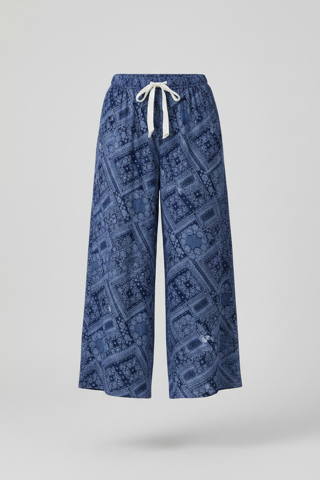 Pantalon Fluide Bleu Motif Ethnique Ample Bohème - Viscose - vue 3