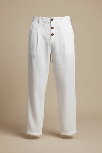 Pantalon Fluide Homme Blanc Lin Ample Boutons Décontracté - vue 3