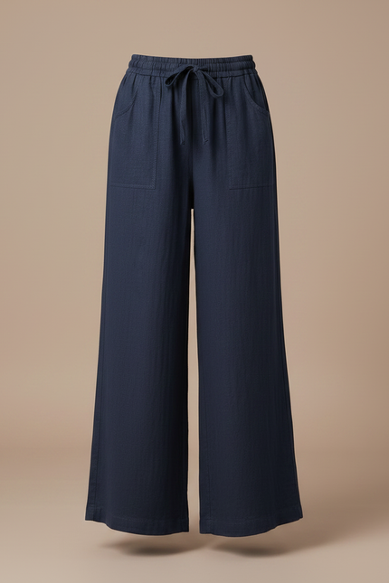 Pantalon Fluide Bleu Marine Ample Coton Lin - vue 3