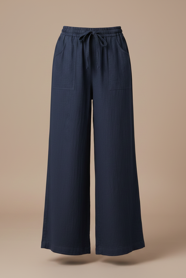 Pantalon Fluide Bleu Marine Ample Coton Lin - vue 3
