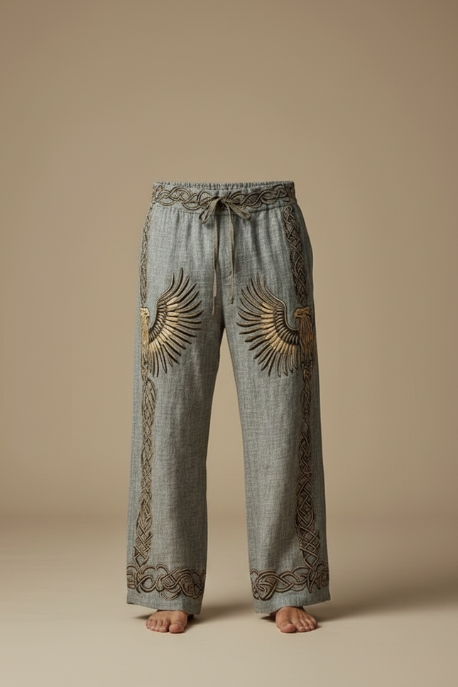 Pantalon Fluide Gris Lin Ample Brodé Aigle Viking - vue 3