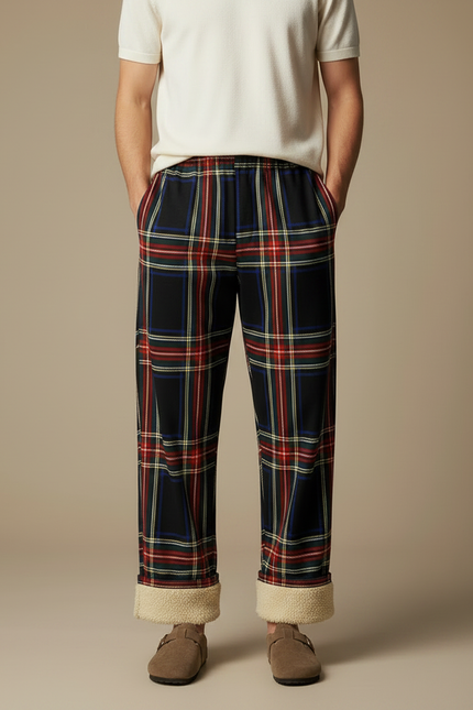 Pantalon Fluide Carreaux Noir Rouge Ample Doublé Homme - Multicolore Molleton - vue 3