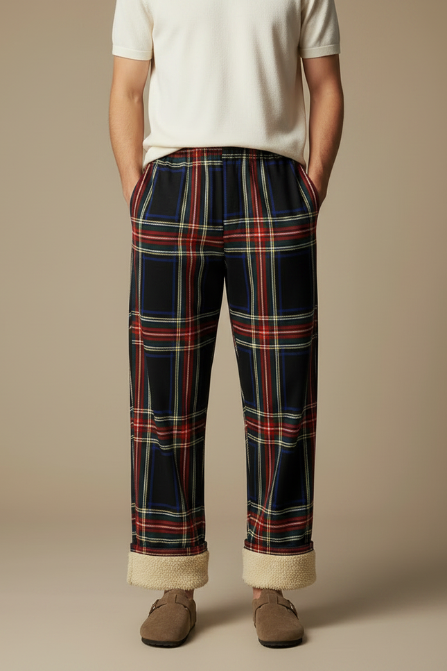 Pantalon Fluide Carreaux Noir Rouge Ample Doublé Homme - Multicolore Molleton - vue 3