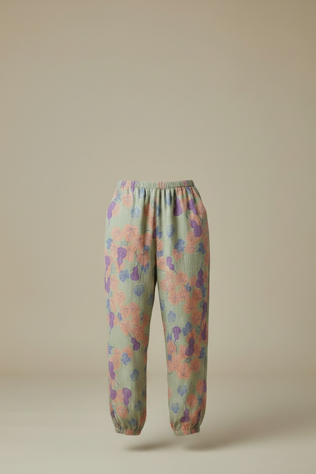 Pantalon Fluide Vert Imprimé Floral Ample Coton Femme - vue 3
