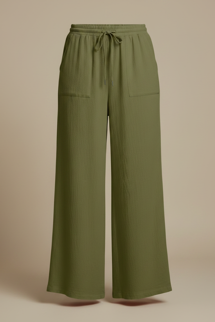 Pantalon Fluide Vert Ample Cordon Décontracté - Kaki Lin - vue 3