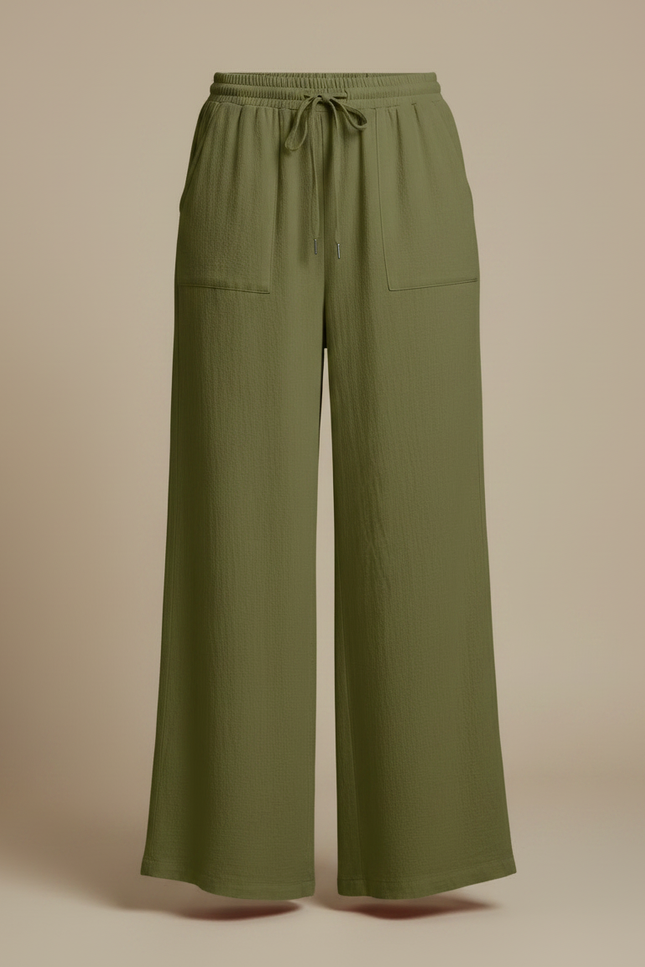 Pantalon Fluide Vert Ample Cordon Décontracté - Kaki Lin - vue 3