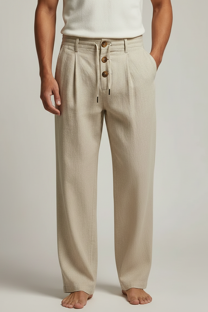 Pantalon Fluide Beige Lin Ample Plissé Décontracté Homme - vue 3