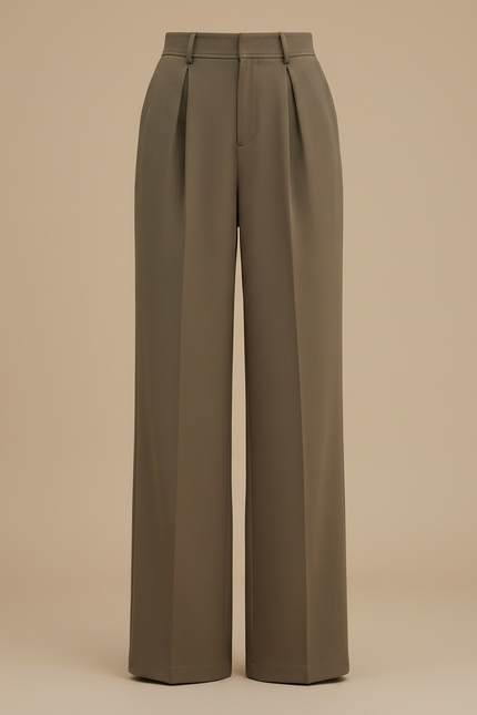 Pantalon Fluide Marron Plissé Taille Haute Élégant - Kaki Viscose - vue 3