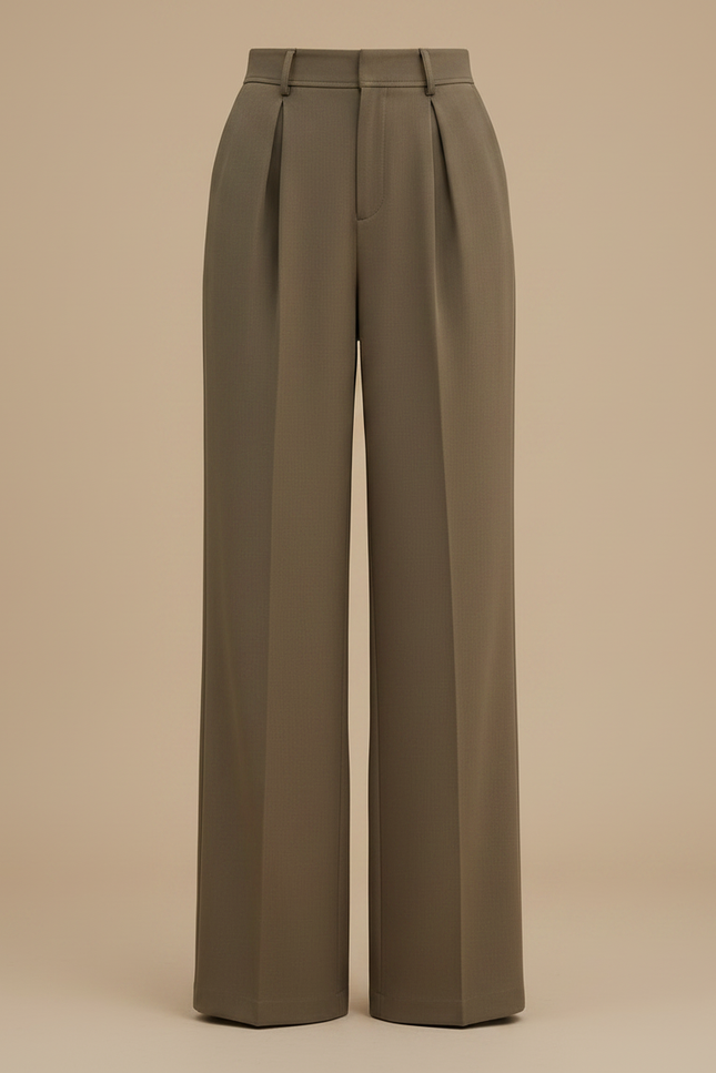 Pantalon Fluide Marron Plissé Taille Haute Élégant - Kaki Viscose - vue 3