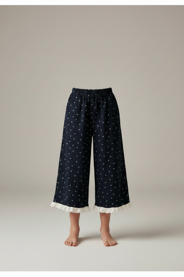 Pantalon Fluide Fille Jacquard Points Dentelle Épais - Marine Coton - vue 3
