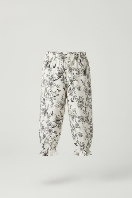 Pantalon Fluide Écru Ample Imprimé Floral Papillons - Lin - vue 3
