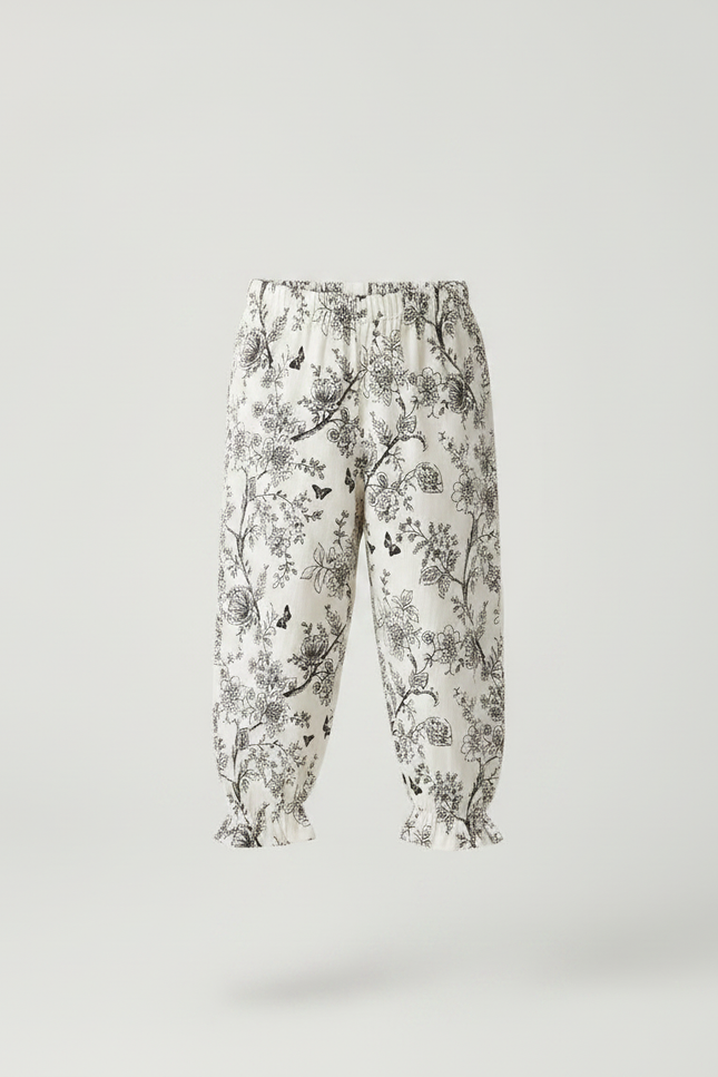 Pantalon Fluide Écru Ample Imprimé Floral Papillons - Lin - vue 3