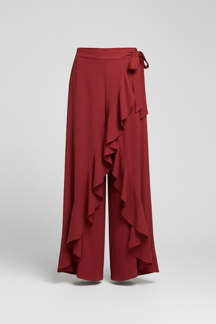 Pantalon Fluide Rouge Volants Taille Haute Élégant - Polyester - vue 3