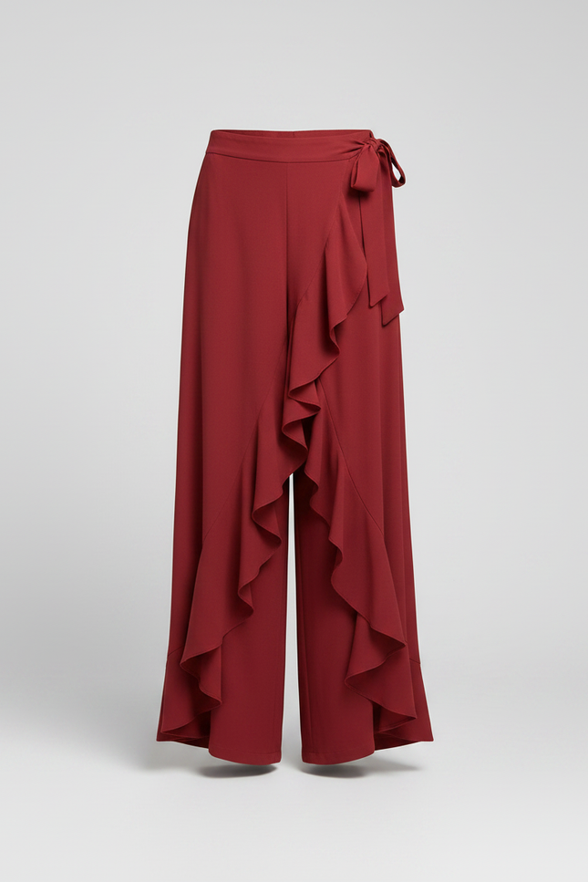 Pantalon Fluide Rouge Volants Taille Haute Élégant - Polyester - vue 3