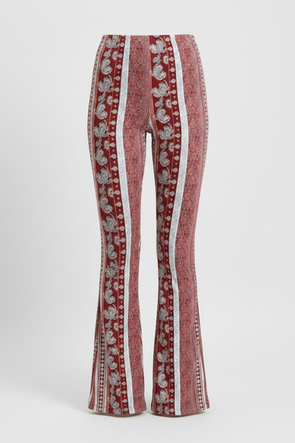 Pantalon Fluide Évasé Imprimé Bohème Rouge Confortable - Bordeaux Maille - vue 3