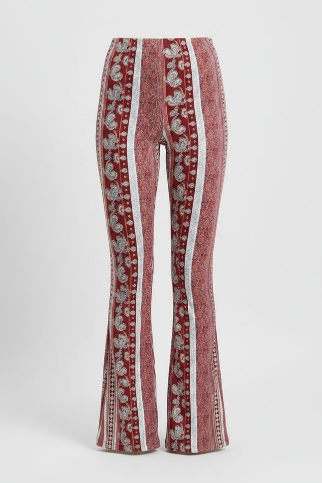 Pantalon Fluide Évasé Imprimé Bohème Rouge Confortable - Bordeaux Maille - vue 3