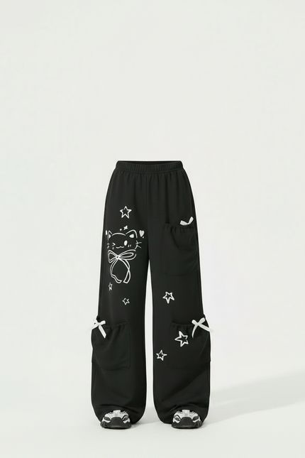 Pantalon Fluide Noir Ample Décontracté Chat Étoiles Fille - Polyester - vue 3