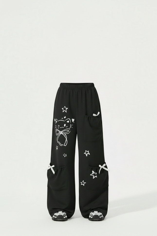 Pantalon Fluide Noir Ample Décontracté Chat Étoiles Fille - Polyester - vue 3