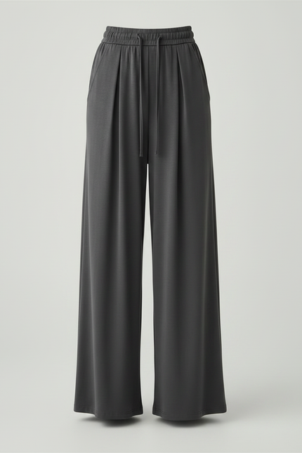 Pantalon Fluide Gris Ample Cordon Plissé Élégant - Viscose - vue 3
