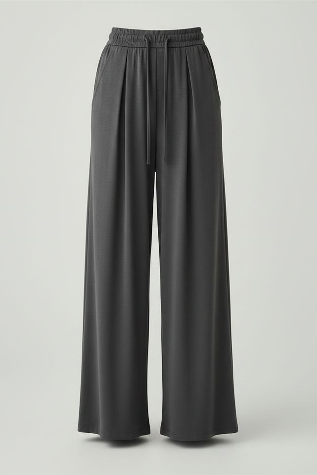 Pantalon Fluide Gris Ample Cordon Plissé Élégant - Viscose - vue 3