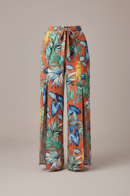 Pantalon Fluide Orange Imprimé Tropical Fendu Bohème - Viscose - vue 3