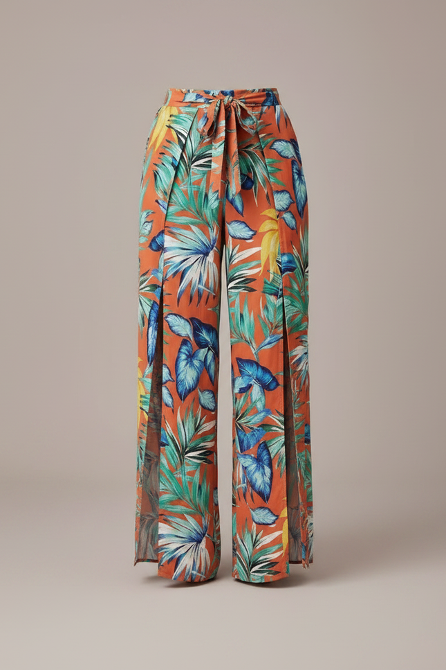 Pantalon Fluide Orange Imprimé Tropical Fendu Bohème - Viscose - vue 3